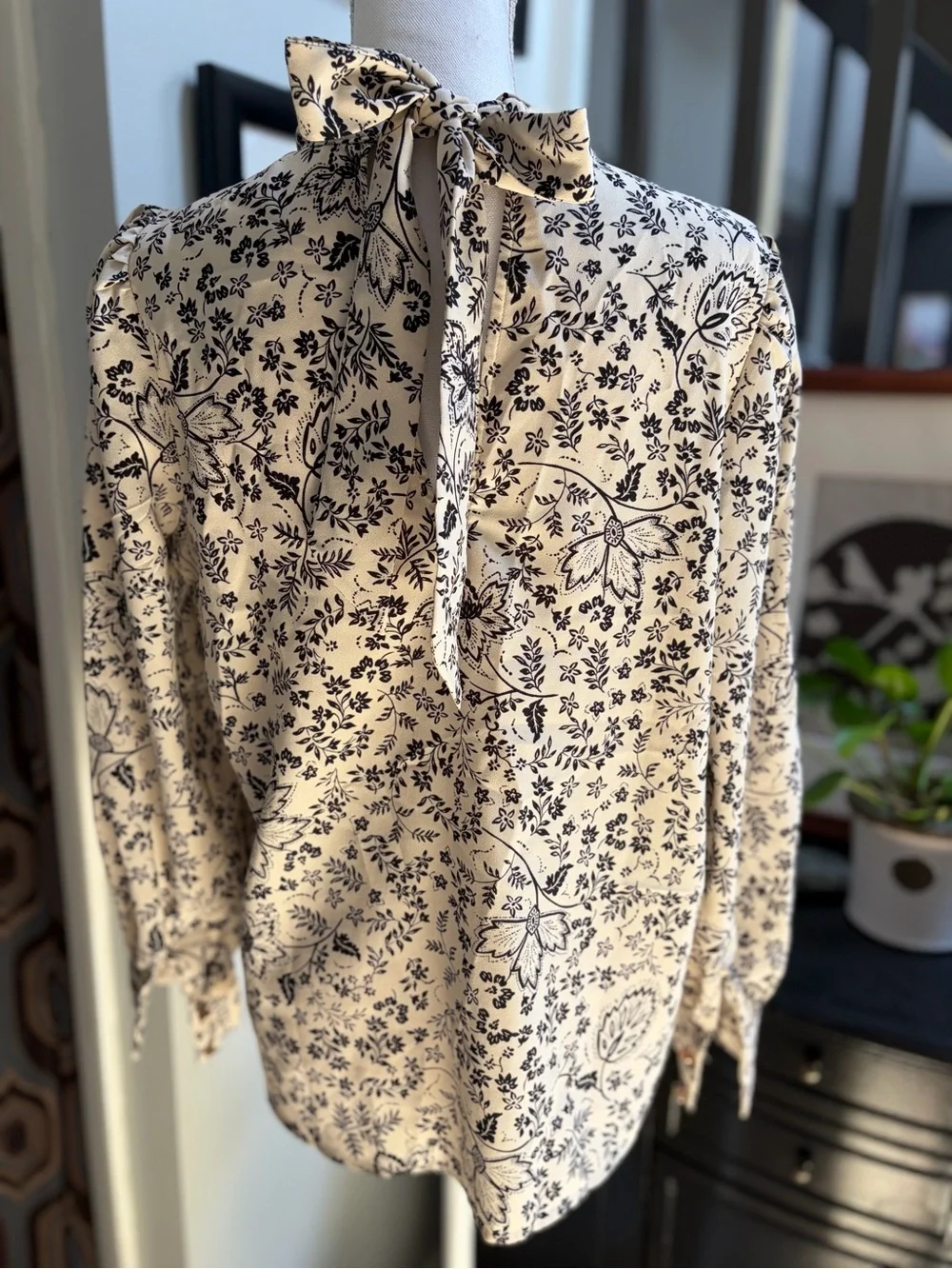 LOFT Cream Blouse with Black Floral Print